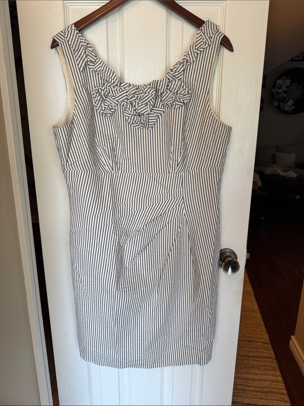 Striped Sleeveless Sheath Dress with Neckline Ruffle